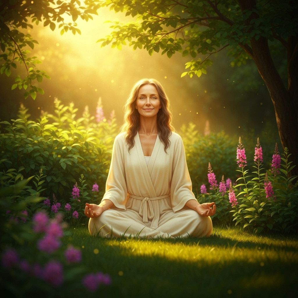 Mulher em paz, conectada consigo mesma